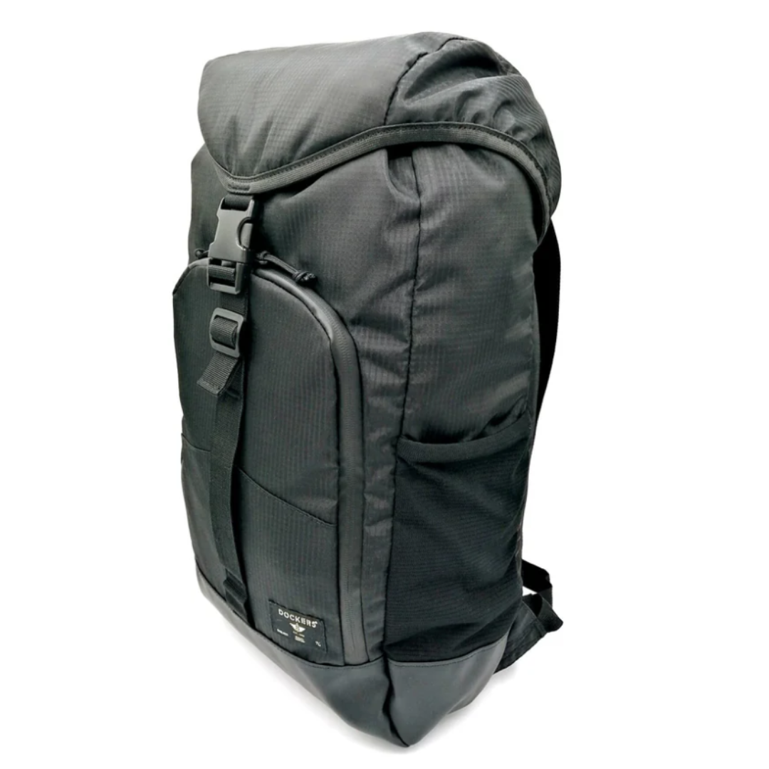 The Dockers Utility Backpack is a black, durable, and spacious backpack featuring a top flap with a buckle closure, a front pocket with a zipper, and side pockets. It combines functionality with a sleek design suitable for everyday use.