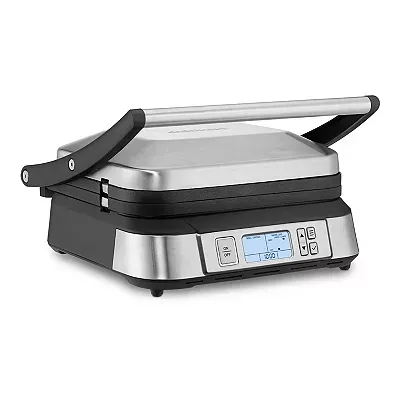A silver Cuisinart Griddler with a digital display and control panel, featuring an adjustable top cover and sturdy handle for pressing and grilling foods.