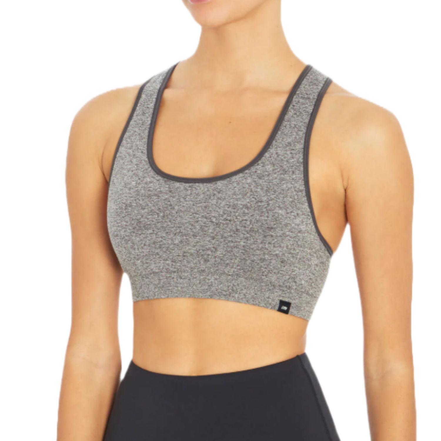The Marika Haley Seamless Workout Bra is a gray sports bra with a scoop neckline and racerback design, featuring dark trim and a smooth, seamless finish. Ideal for comfortable movement during workouts.