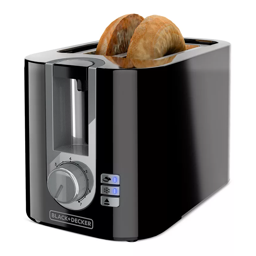 Two slices of bread in a stainless steel BLACK+DECKER toaster.
