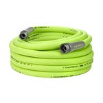 A coiled bright green garden hose with secure black and silver fittings on both ends.