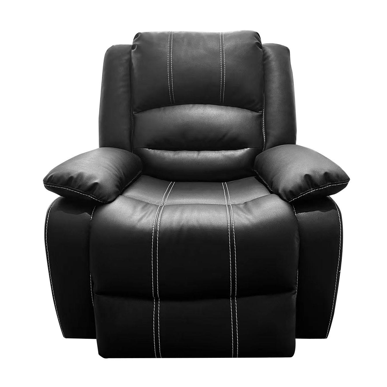Black leather recliner chair with white stitching.
