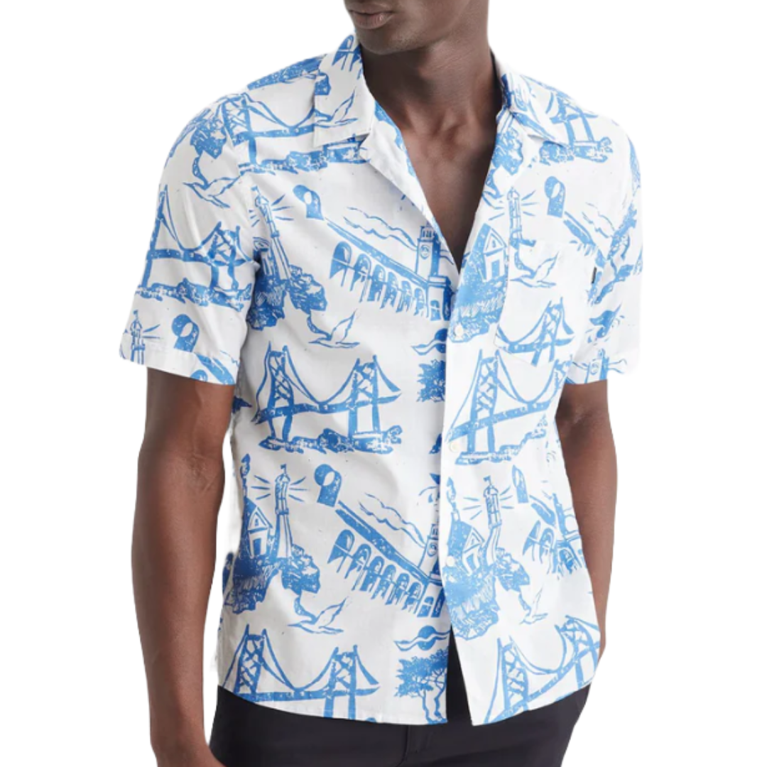 Short-sleeve button-up shirt with a blue and white graphic print featuring bridges, lighthouses, and seagulls.