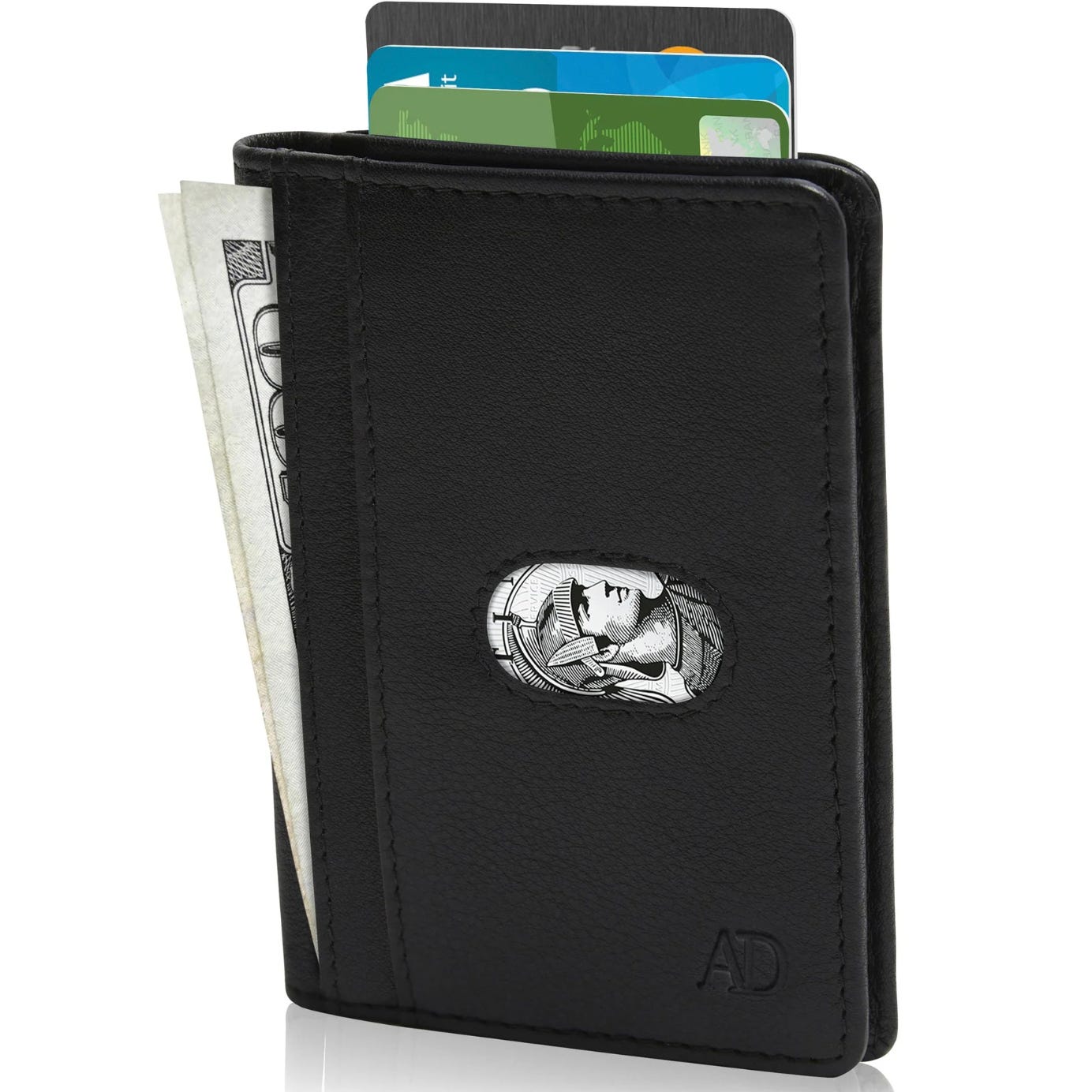 Black leather wallet with embossed silver emblem, holding cash and credit cards.