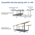 Overhead garage racks compatible with ceiling joist spacing of 24 or 48 inches, featuring a 26.4-inch-long ceiling bracket and wire grid shelves.