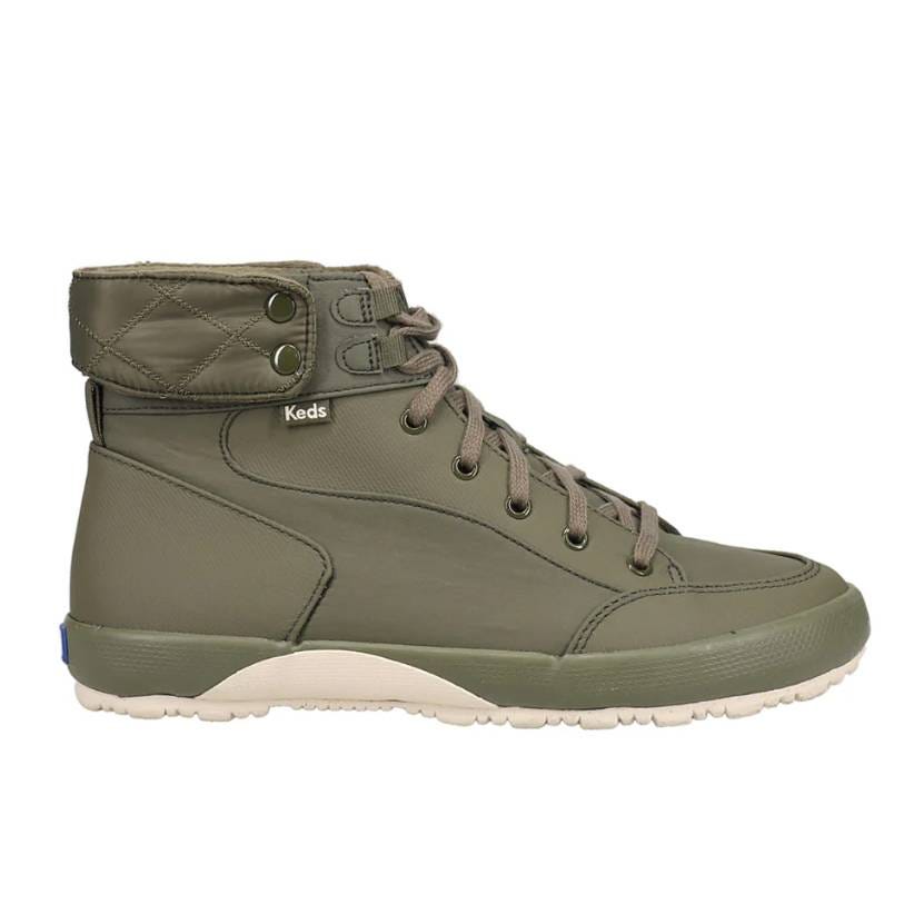 A green Keds high-top sneaker with a quilted ankle collar, lace-up front, and off-white sole.