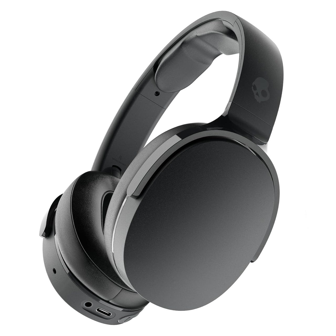 Black over-ear headphones with a padded headband, wireless connectivity, and a USB-C charging port, featuring active noise cancellation (ANC) technology.
