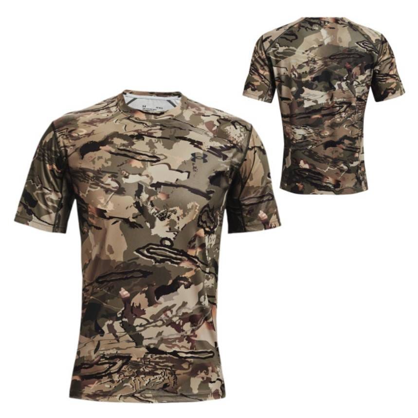 A camouflage short-sleeved t-shirt is displayed in two views, front and back.