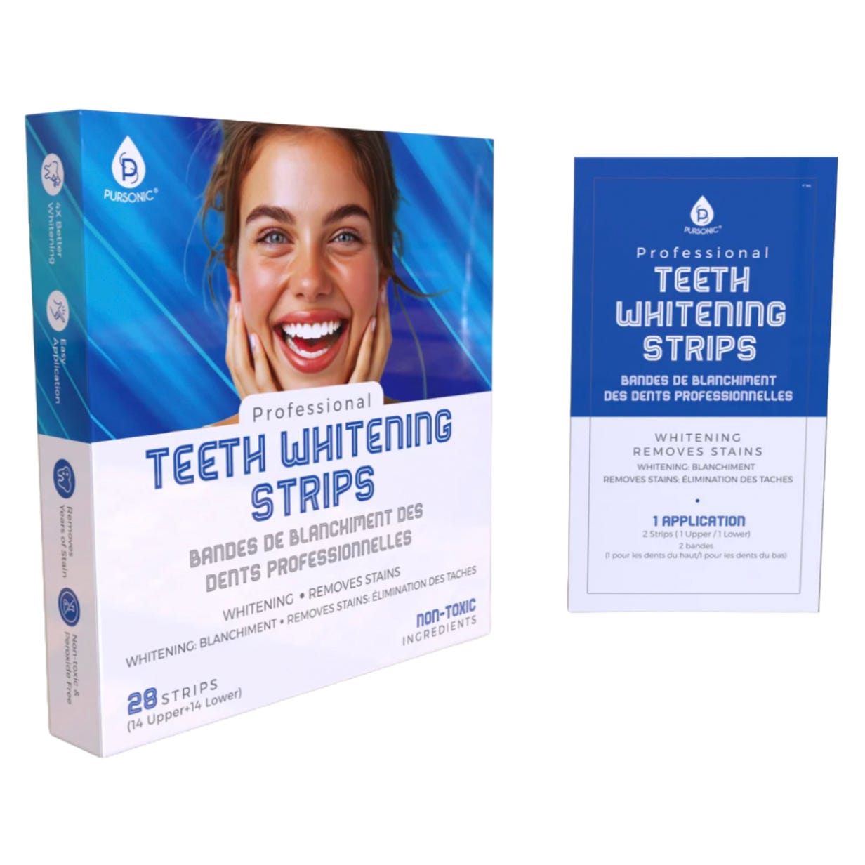 Professional Teeth Whitening Strips box with 28 strips (14 upper, 14 lower) and a single application pack. The packaging highlights whitening, stain removal, and non-toxic ingredients.