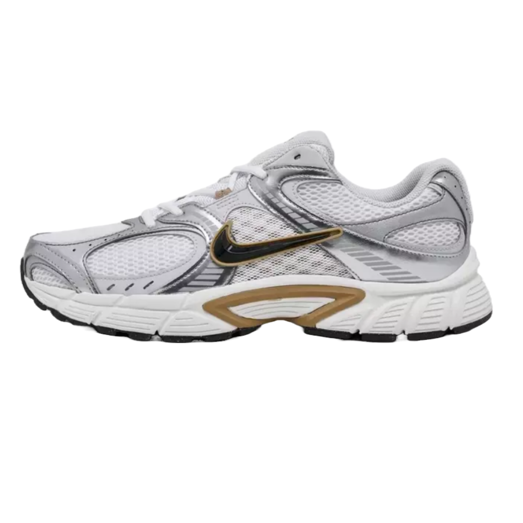White and silver Nike V5 RNR Casual Shoes with a black and gold Swoosh logo, mesh and leather upper, and white cushioned sole featuring textured gray and gold accents.