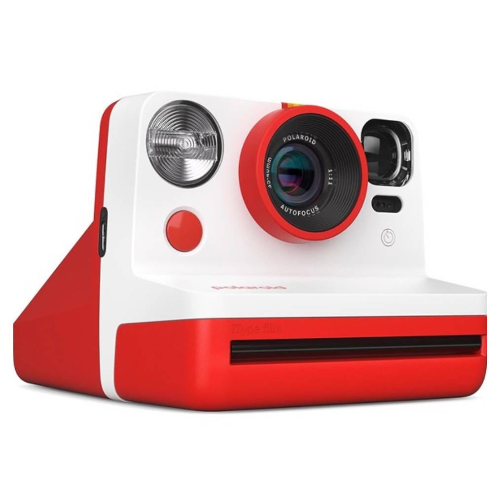 Red and white Polaroid instant camera, featuring a lens with autofocus, a flash, and film slot.