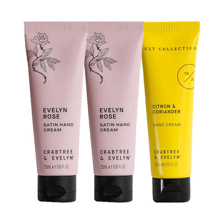 Three hand creams from Crabtree & Evelyn with scents of Evelyn Rose and Citron & Coriander.