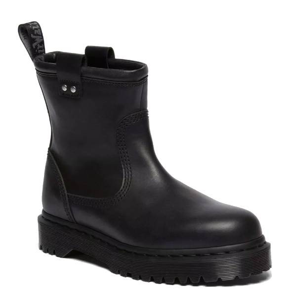 Black Anistone Lo Leather Biker Boots featuring a mid-calf height, sleek leather design, reinforced stitching, pull tabs, and a chunky treaded sole for durability and style.