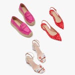 Three pairs of women's shoes: pink espadrilles, red polka dot flats, and floral print heeled sandals.