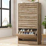 Rustic wooden shoe storage cabinet with pull-down compartments revealing shoes inside.