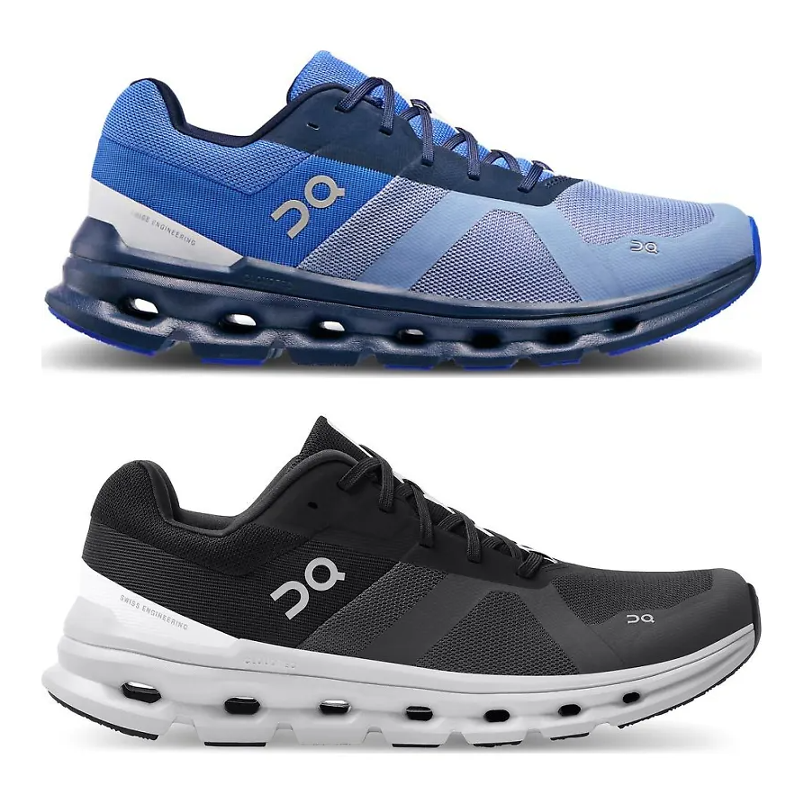 Two pairs of athletic shoes, one blue and one black, both with white soles and the brand logo near the laces.
