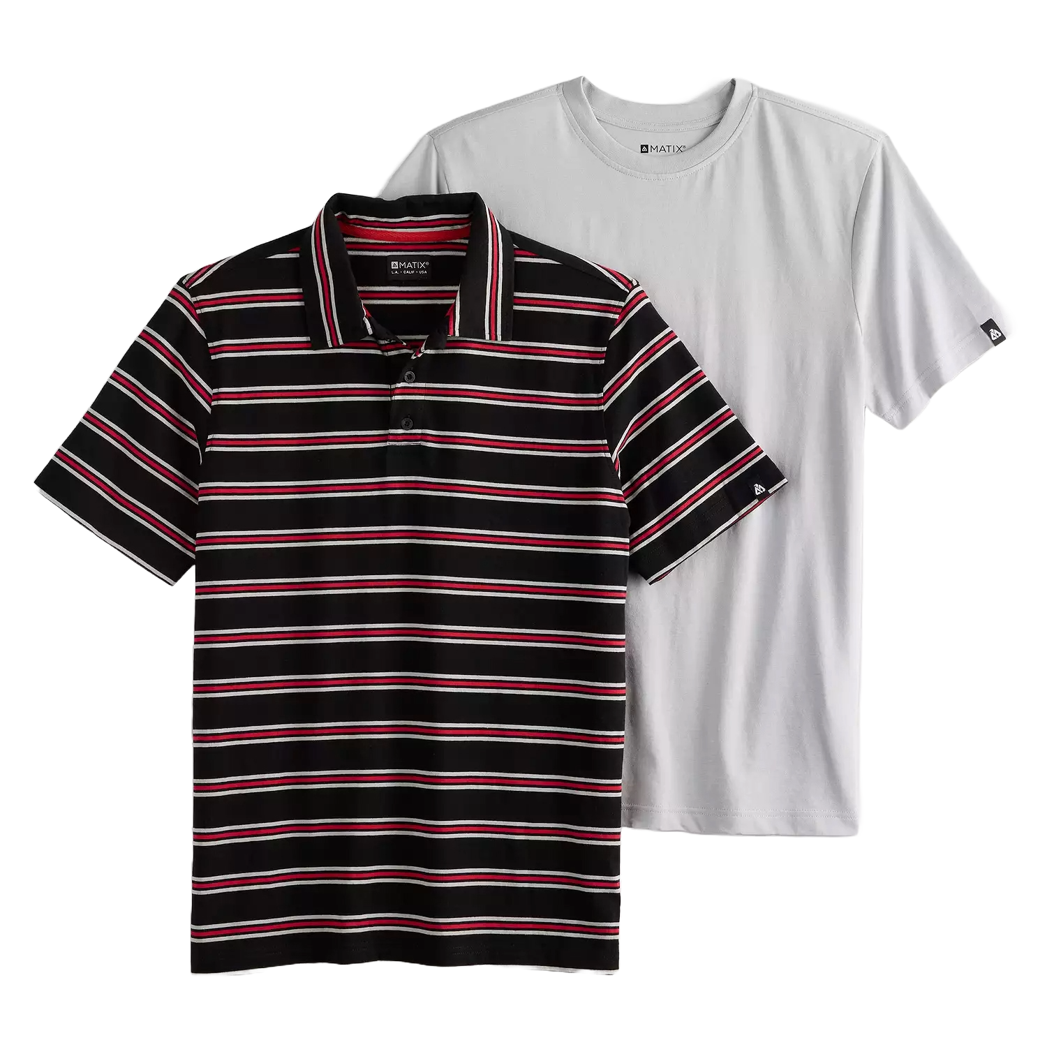 A set of two shirts: one is a black, red, and white striped polo shirt, and the other is a plain white crew-neck t-shirt.