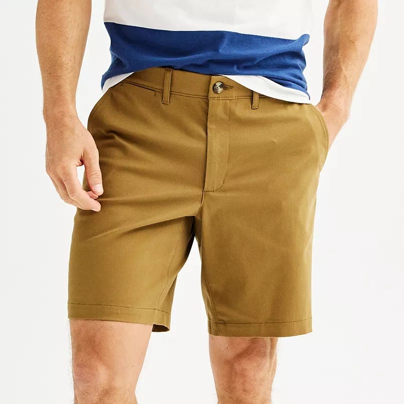 A man wearing khaki shorts and a two-tone blue and white shirt, details not visible.