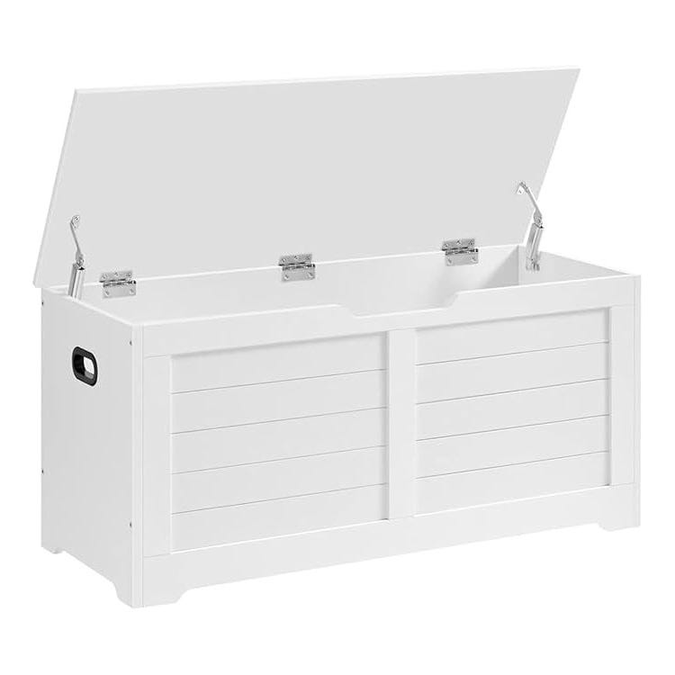 A white wooden storage chest with an open hinged lid and side handles.
