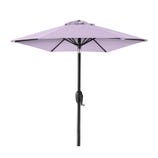 A lavender-colored outdoor patio umbrella with a crank handle and a black pole.