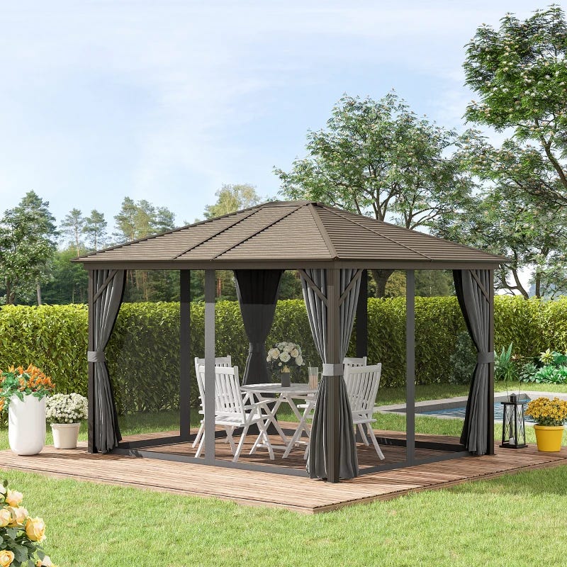 A garden gazebo with a slatted roof, curtains, and an outdoor dining set comprising a table and chairs on a wooden deck.