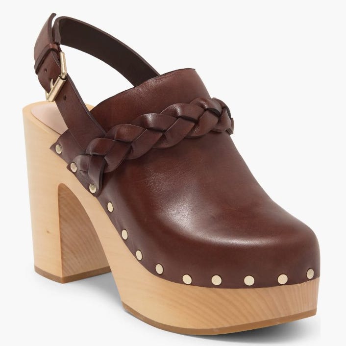 Brown leather clog with braided strap detail and wooden platform heel.