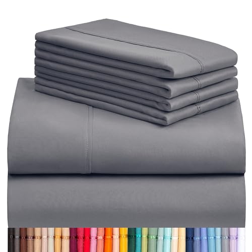 A neatly folded 6-piece queen sheet set in gray, displayed above a range of available color options.