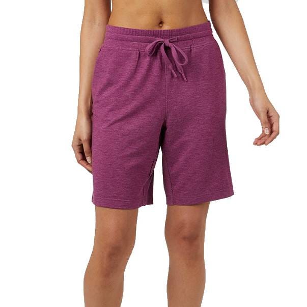Purple, mid-length knit Bermuda shorts with a drawstring waist and front pockets, offering a casual and comfortable fit.