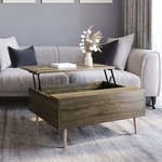 A wooden lift-top coffee table with storage, a gray sofa, a white vase with dried flowers, and decorative pillows.