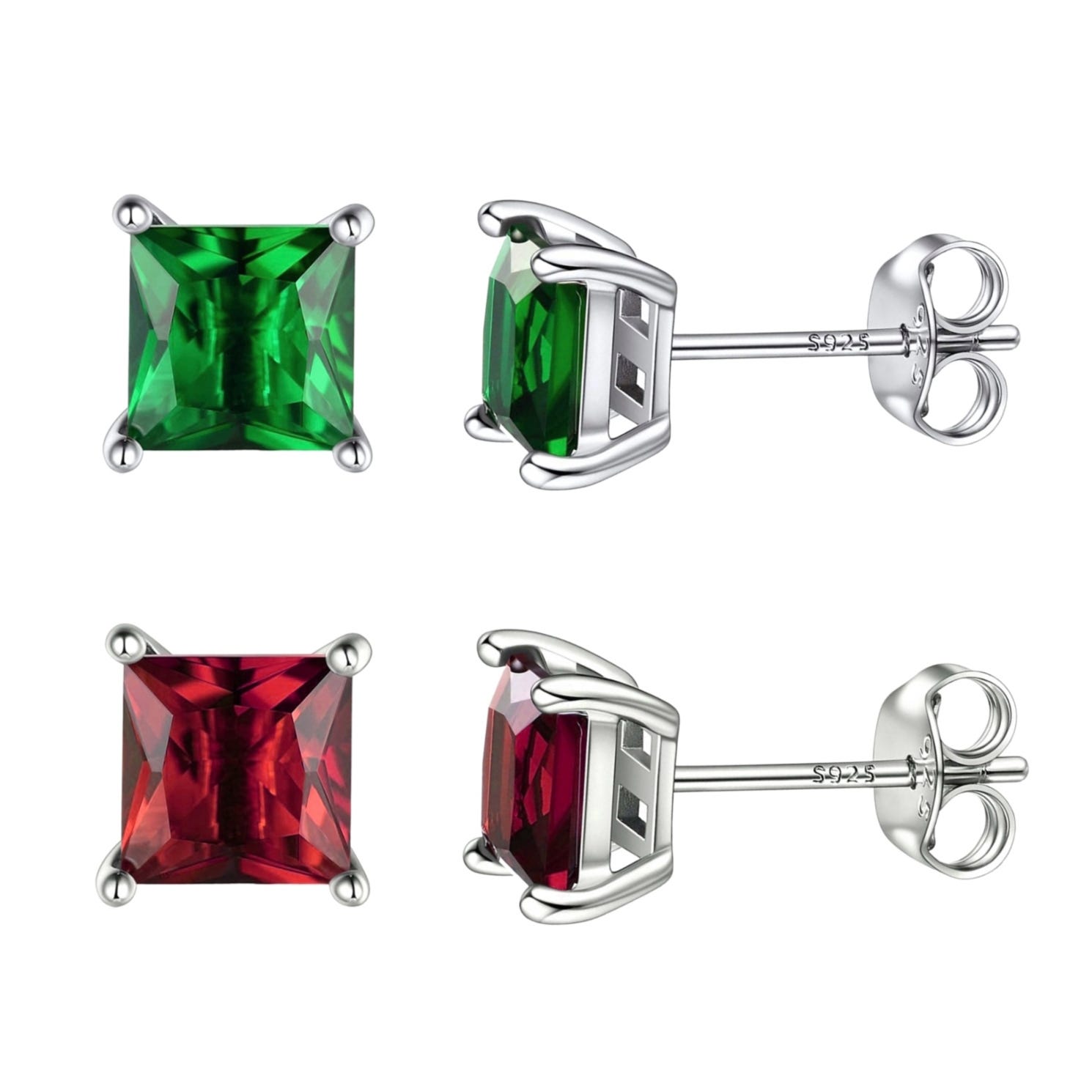 Two pairs of sterling silver stud earrings featuring square-cut gemstones: one pair with green stones and the other with red stones.