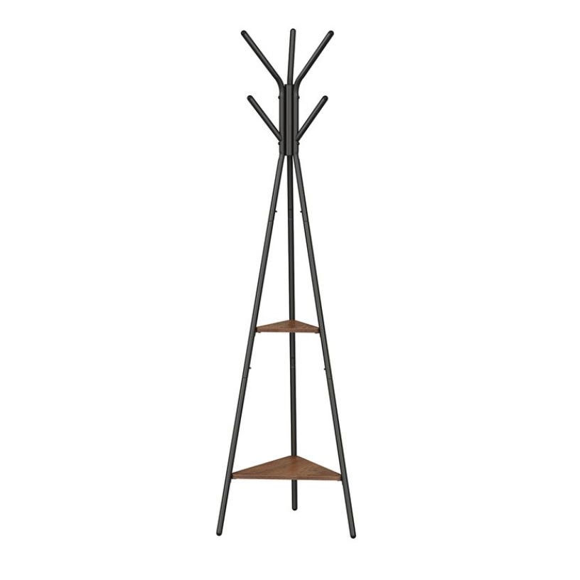 A black metal coat rack with a triangular design features multiple hooks at the top for hanging items and two triangular wooden shelves for extra storage.