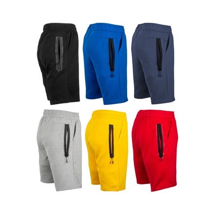 Six pairs of athletic shorts in different colors: black, blue, grey, yellow, and red, all with drawstrings.