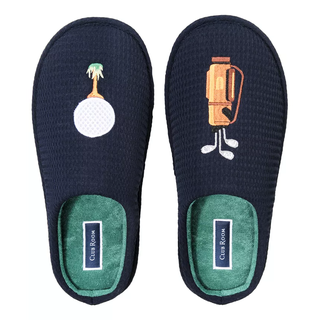 A pair of dark slippers, one embroidered with a golf ball and palm tree, and the other with a golf bag.