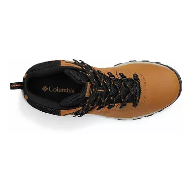 Tan Columbia hiking boot with black laces, a black padded collar, and the Columbia logo on the tongue.