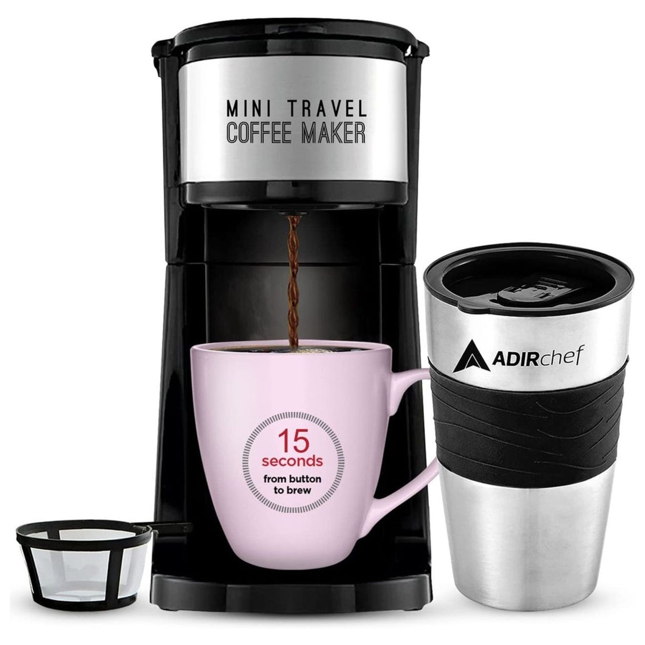 A mini travel coffee maker with a coffee dripping into a pink mug and a separate insulated stainless-steel travel cup.
