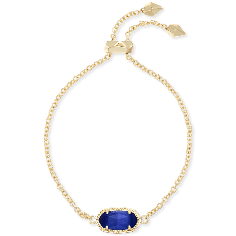 Gold chain bracelet featuring an adjustable sliding closure with two ends and a central oval-shaped blue stone set in a decorative gold bezel.