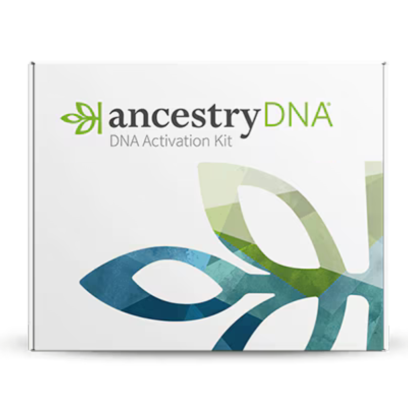 AncestryDNA Kit is a DNA activation kit featuring a leaf design in green and blue hues, branded with the AncestryDNA logo.