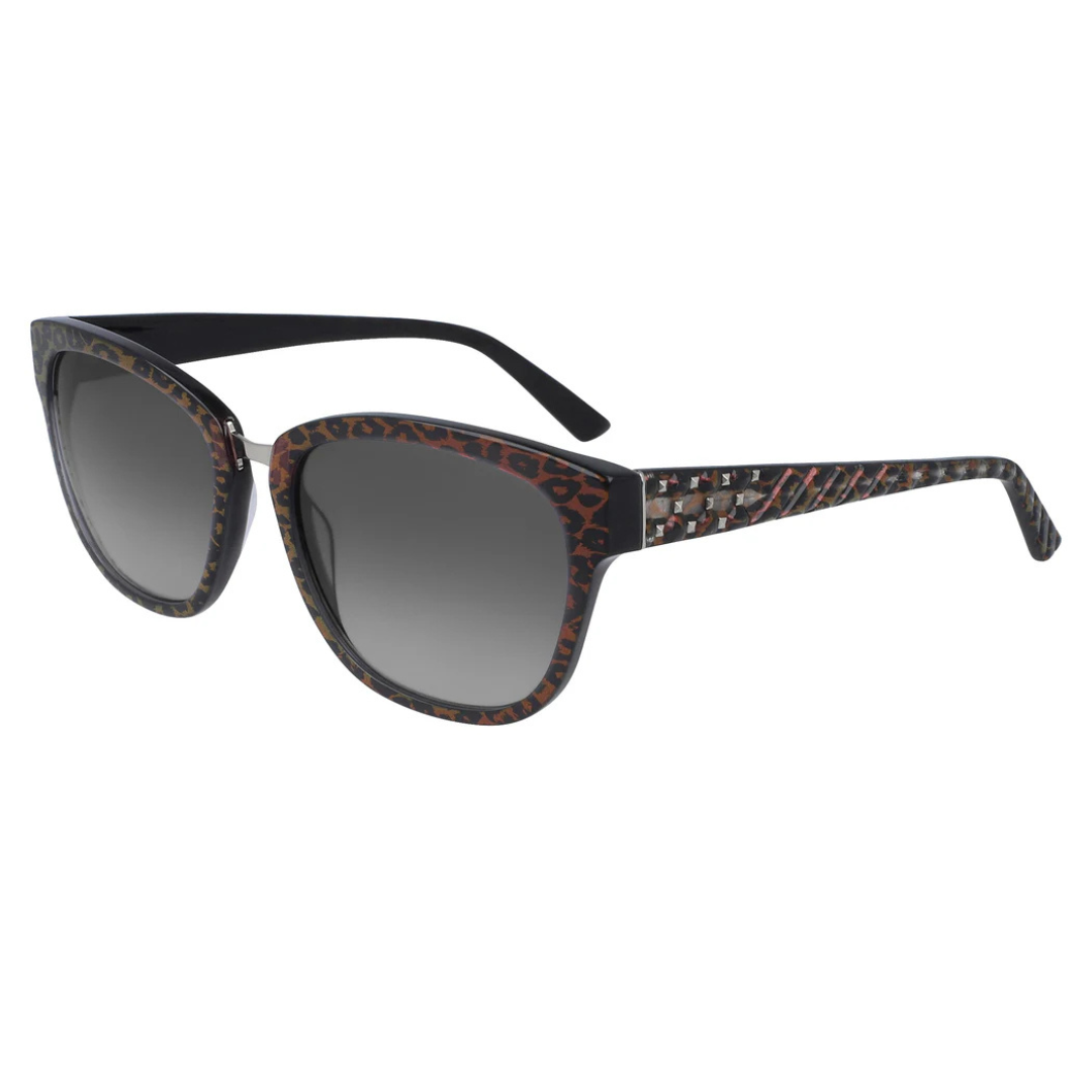 Sunglasses with tortoiseshell pattern frames and dark lenses.
