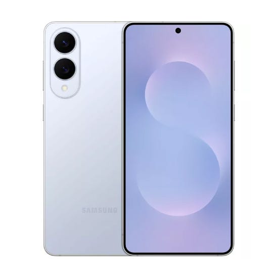 A sleek Samsung Galaxy S25 Edge smartphone is displayed in silver, front and back views. It has a dual-camera setup on the rear and a centered hole-punch front camera. The phone is associated with T-Mobile's free offer upon trade-in.