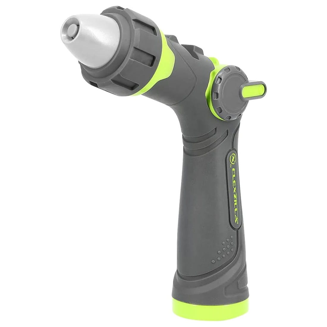 A gray and green garden hose spray nozzle with adjustable settings, featuring a trigger and ergonomic grip.