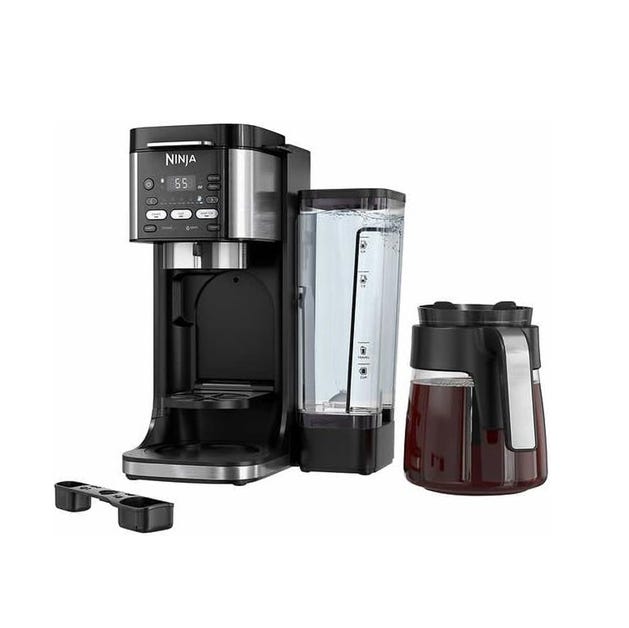 Refurbished Ninja Hot & Iced Coffee Maker with a sleek black and stainless steel design, featuring a removable water reservoir and a glass carafe, ideal for brewing both hot and iced coffee.