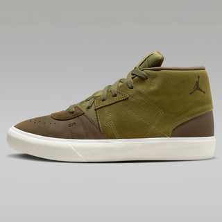 Olive green and brown high-top sneaker with a white sole and a jumping silhouette logo.