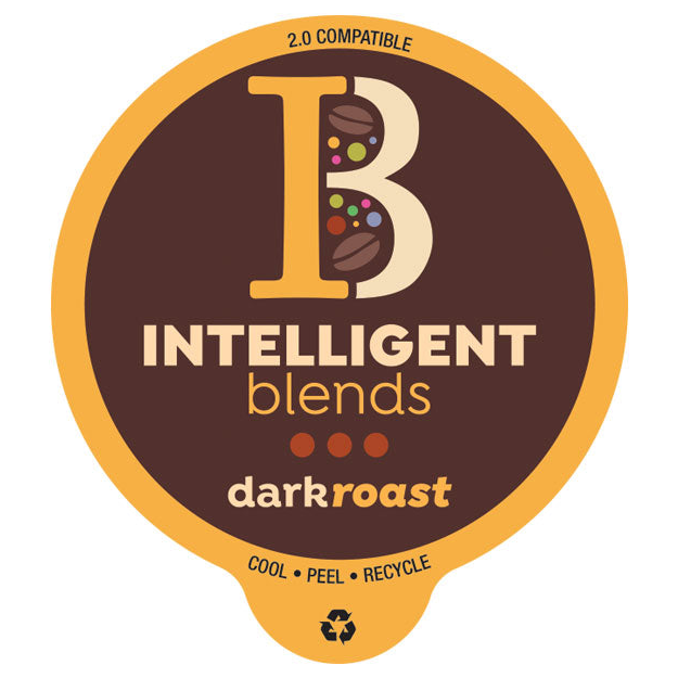 A label for Intelligent Blends dark roast coffee pod, compatible with 2.0 brewing systems, with instructions to cool, peel, and recycle.