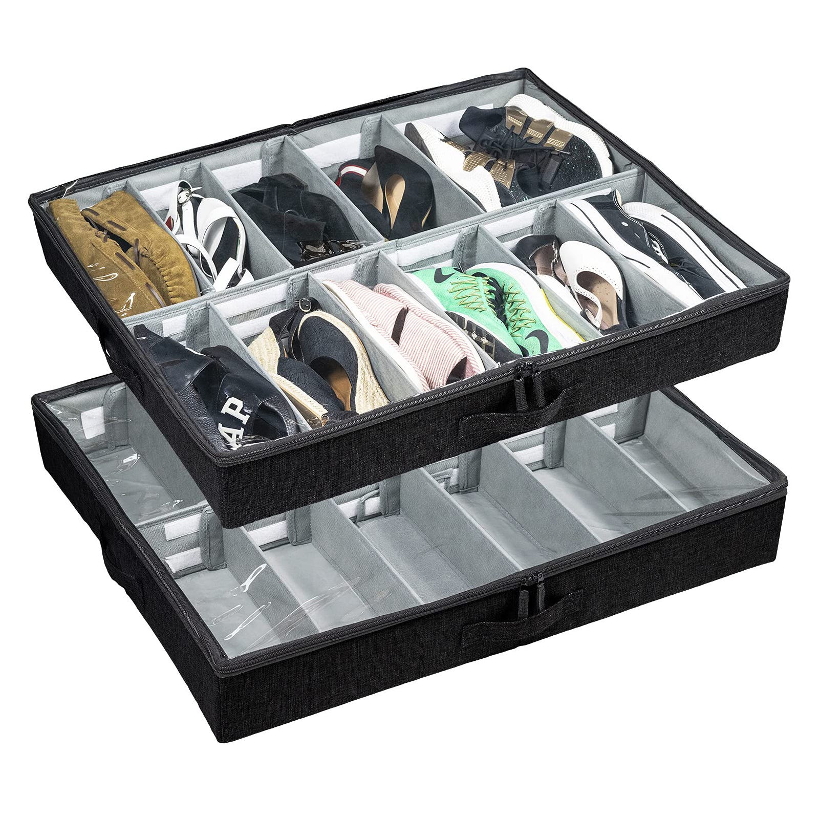 A clear-topped shoe organizer with various types of footwear stored inside.