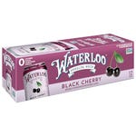 A 12-count pack of Waterloo Black Cherry flavored sparkling water, with purple packaging and images of cherries.