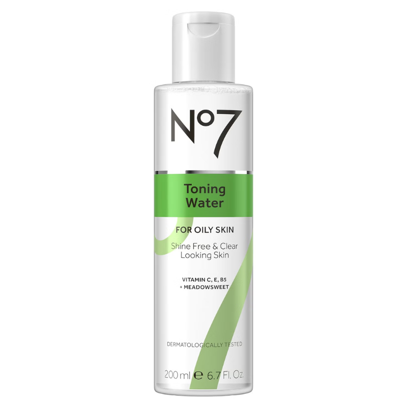 This is a bottle of No7 Toning Water for oily skin, which is formulated with vitamins C, E, B5, and meadowsweet, intended to help achieve shine-free and clear looking skin. The capacity is 200 ml (6.7 fl. oz).