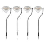 Set of four solar-powered garden lights with a diamond-shaped top and sleek metal stakes.