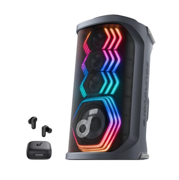 The image shows a Soundcore speaker with colorful LED lights and a pair of black wireless earbuds with their charging case.