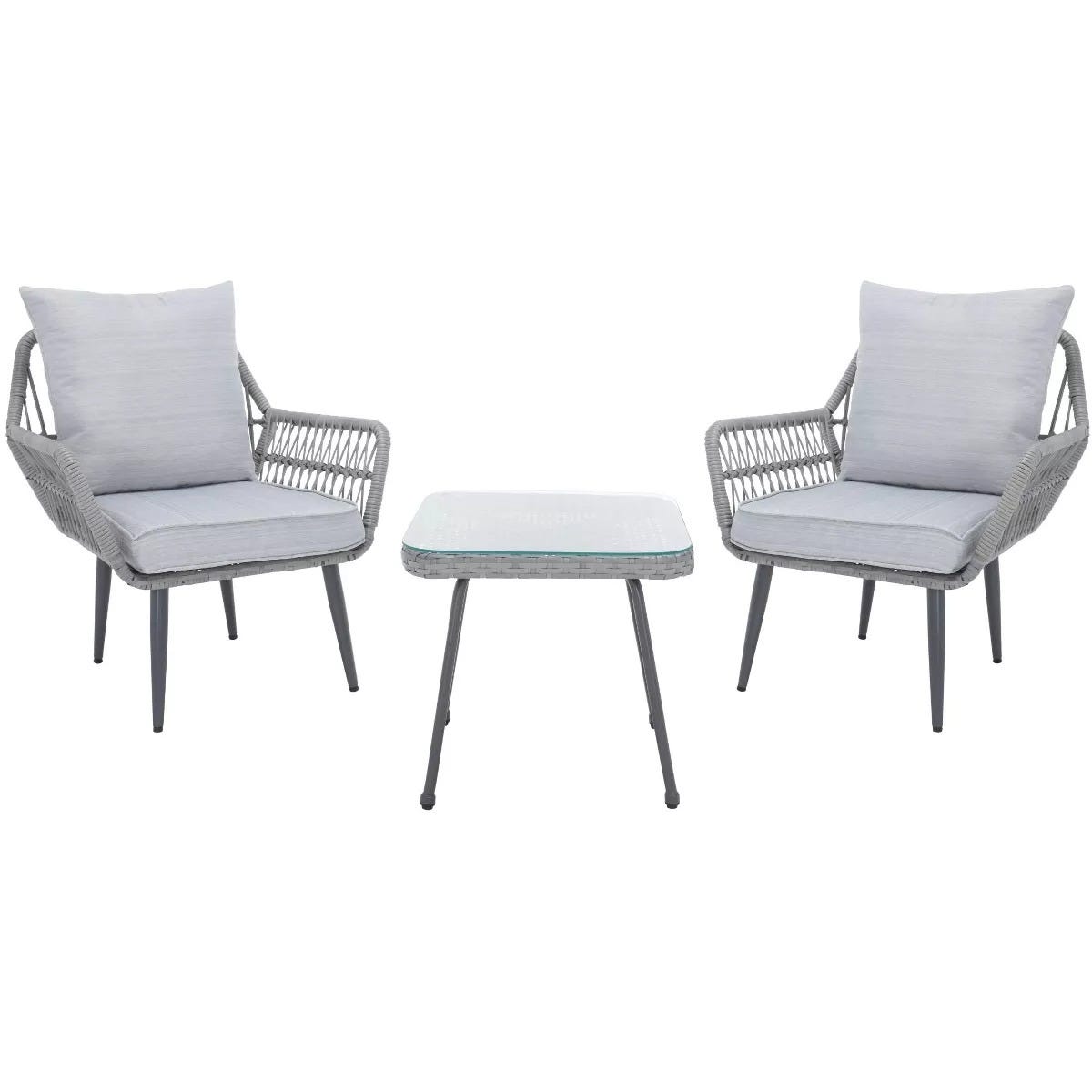 A patio furniture set with two gray woven armchairs and a square glass-top table. The chairs feature cushions for added comfort.