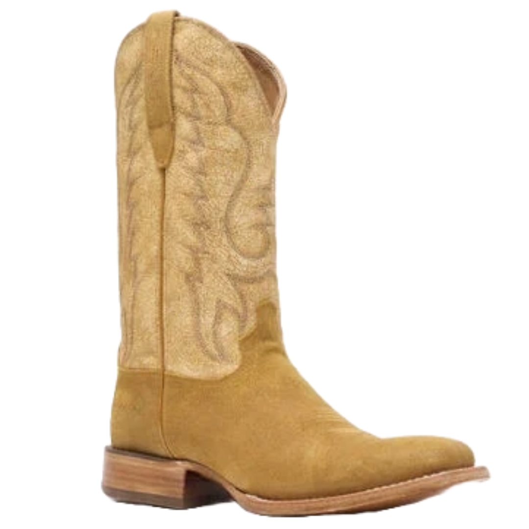 A tan suede cowboy boot with decorative stitching, featuring a mid-calf height, pull tabs, and a wooden heel.